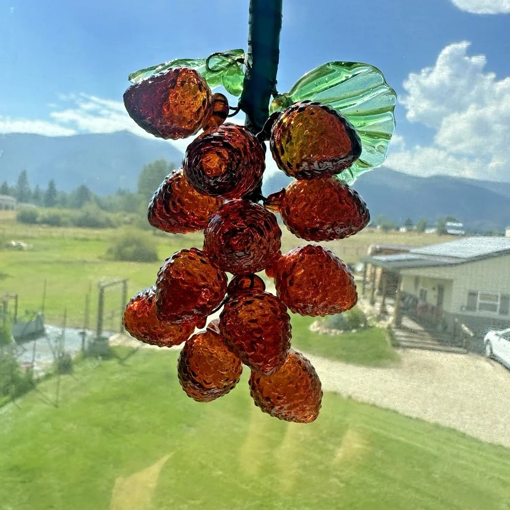 Amber Glass Berry Cluster Ornament Green Leaves Fruit Decor 6 Inch